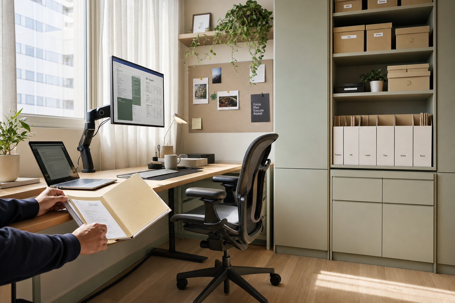 Klein kantoor efficiënt ingericht met ergonomische meubels