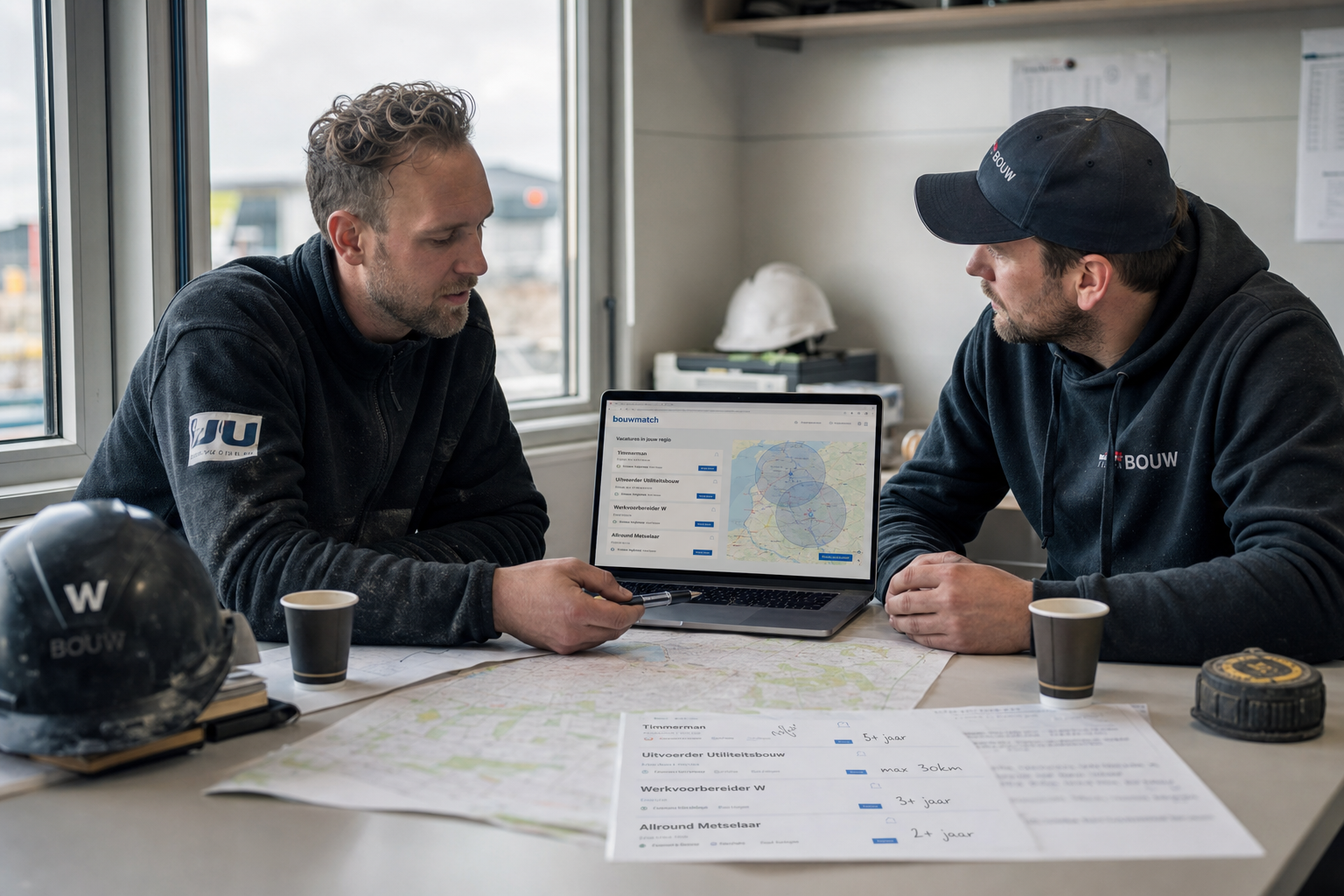 Bouwvakkers checken vacaturevoorwaarden en regio